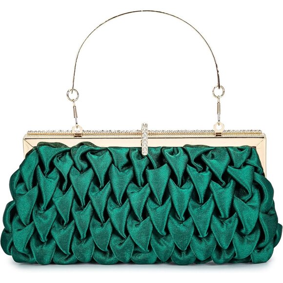 Handbags - Women's Green Classic Satin Clutch Bag Embellished With Buckel